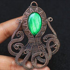 Hawaiian Tako Octopus Fire Labradorite Copper Wire Wrap Pendant Jewelry